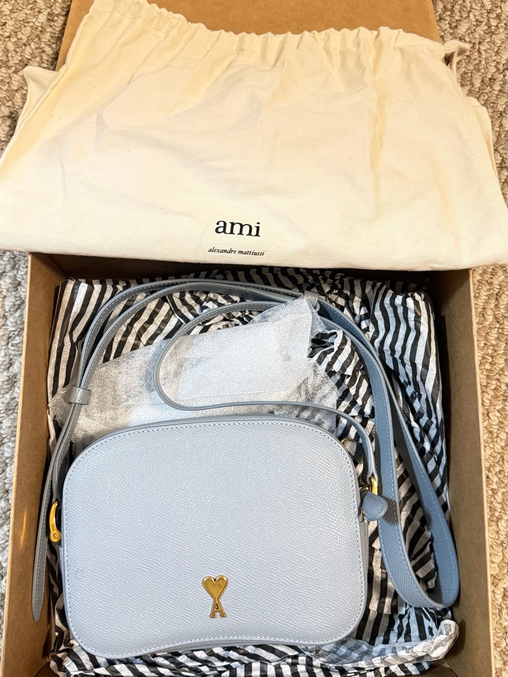 Ami light blue leather mini crossbody with gold heart-A logo